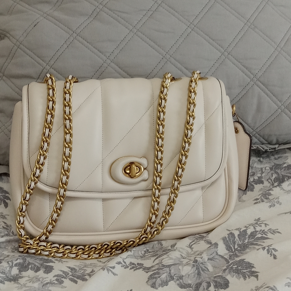 Coach Cream Quilted Madison Double Flap Shoulder Bag with Gold Chain